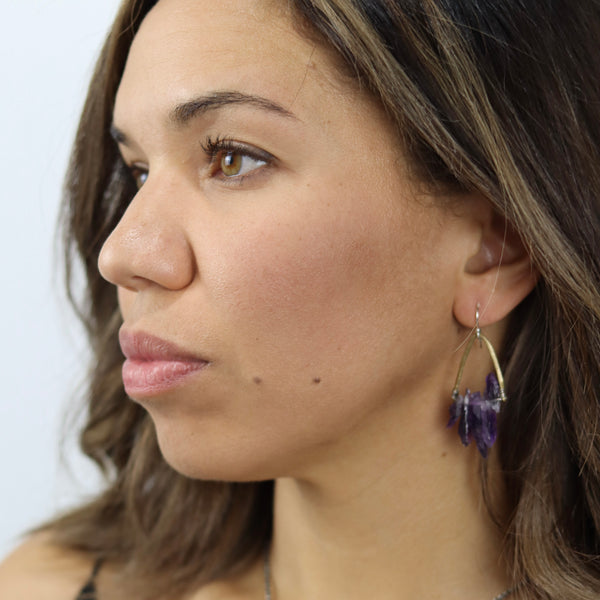 Amethyst Cluster Earrings with Angled Brass Bails
