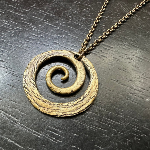 LARGE BRASS Carved Spiral on Oxidized Brass Necklace