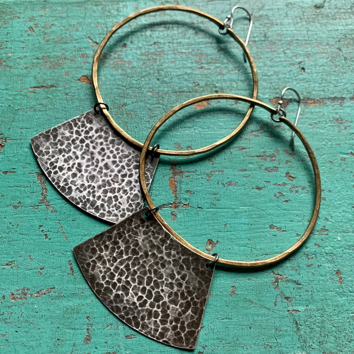 "Keyhole" Mezzaluna Earrings, BRASS Hoops + Silver Blades: 4 Sizes