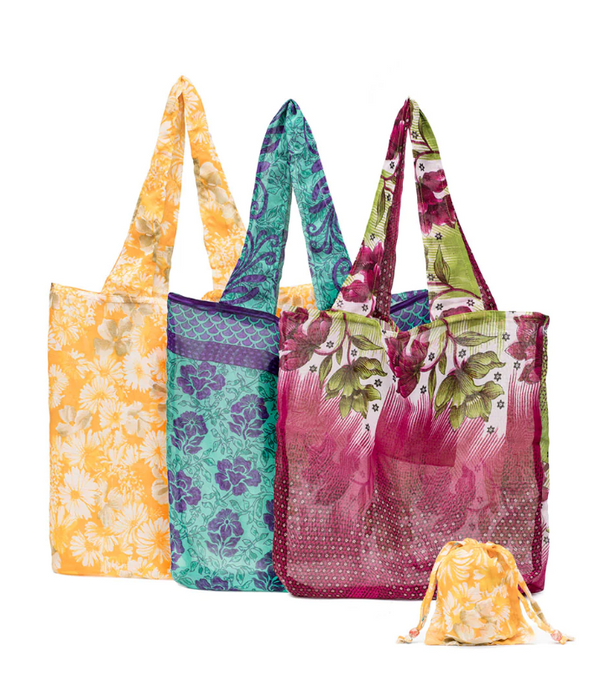 ONLY 5 LEFT! Upcycled Reusable Fold-Up Shopping Bag - Assorted Patterns!