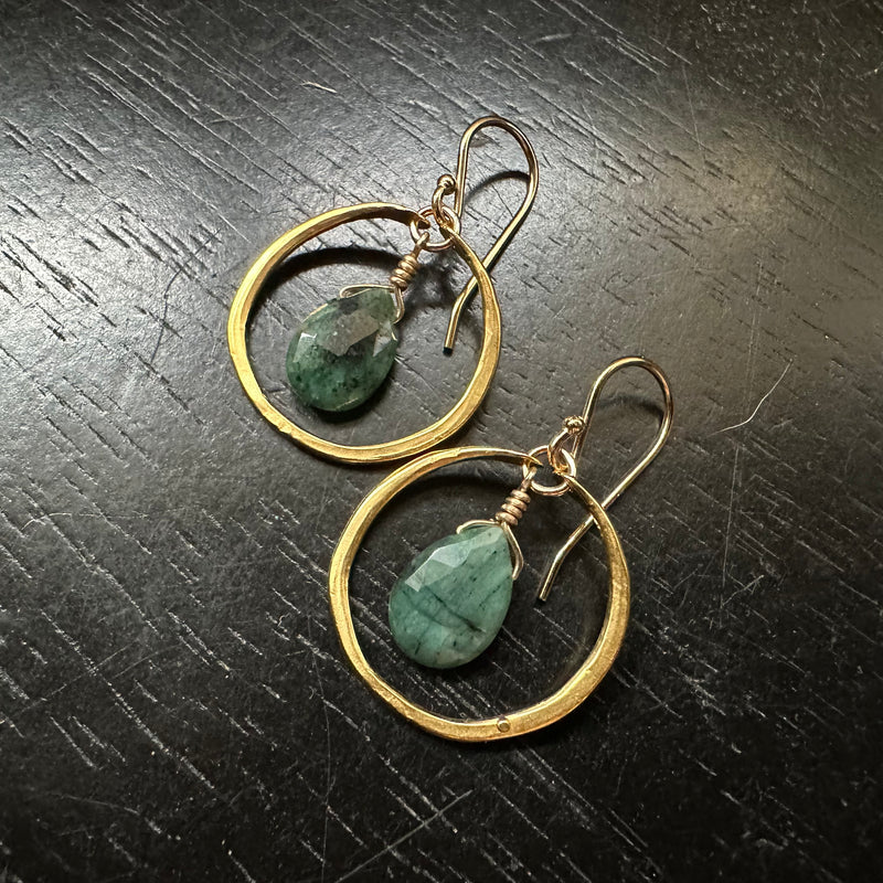 Raw Emerald Earrings in Tiny Gold Hoops GOLD VERMEIL