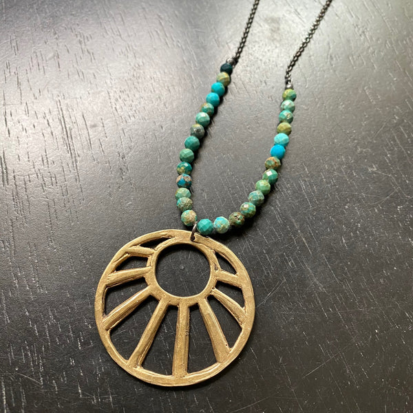 XL BRASS "OPEN" SUN PENDANT with Dragonskin Turquoise and SILVER CHAIN NECKLACE