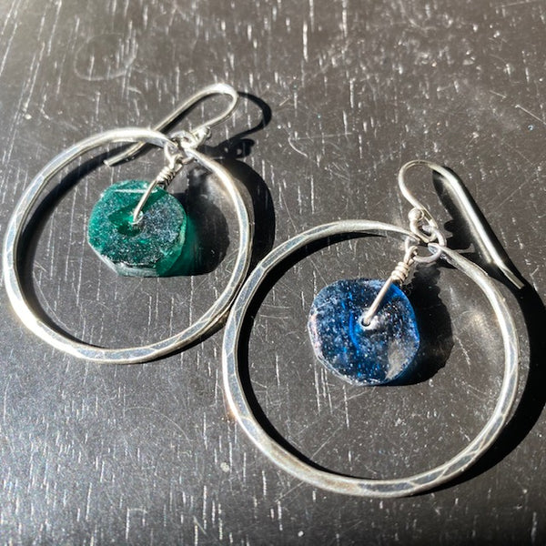 Small SILVER Hoops with Roman Glass Earrings