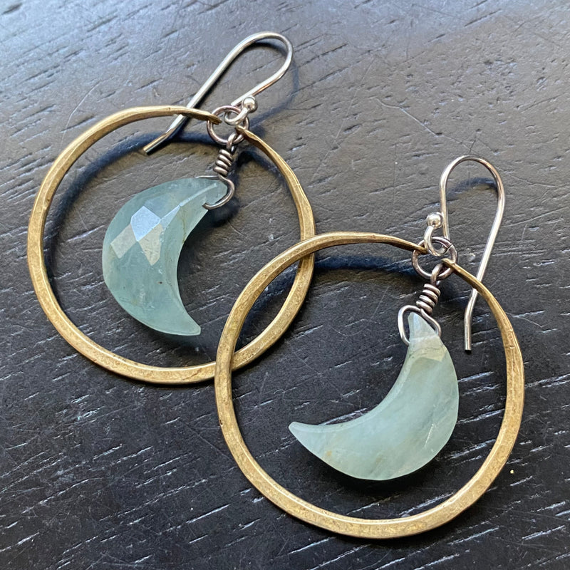 ALLURING AQUAMARINE FACETED CRESCENT MOONS in SMALL BRASS Hoops!