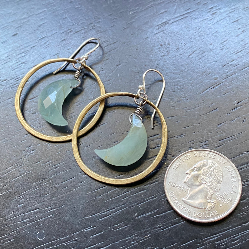 ALLURING AQUAMARINE FACETED CRESCENT MOONS in SMALL BRASS Hoops!
