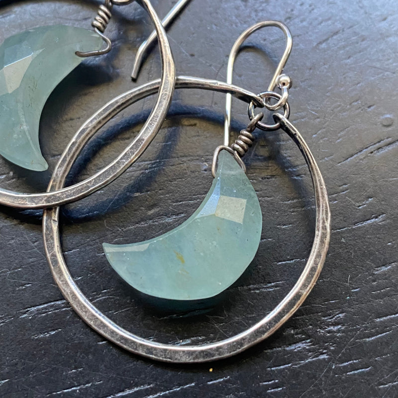 ALLURING AQUAMARINE FACETED CRESCENT MOONS in SMALL SILVER Hoops!