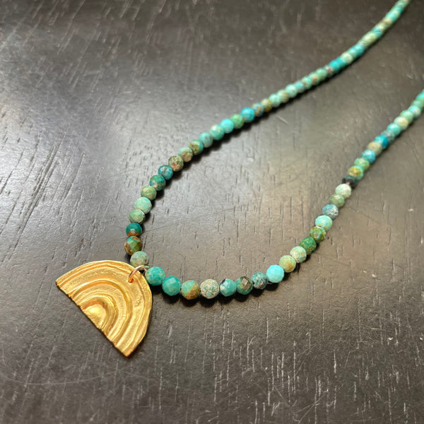 Gold Small Rainbow Medallion on Faceted Turquoise Strand Necklace, 24K GOLD VERMEIL