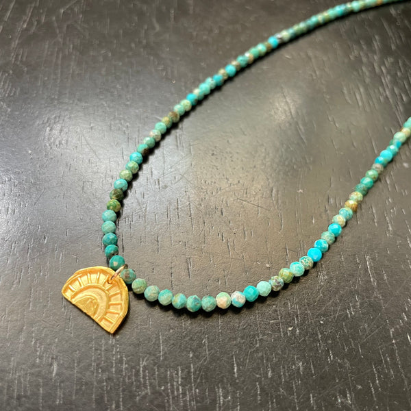 Tiny Gold Sun-Bow Necklace with Faceted Turquoise 24K GOLD VERMEIL
