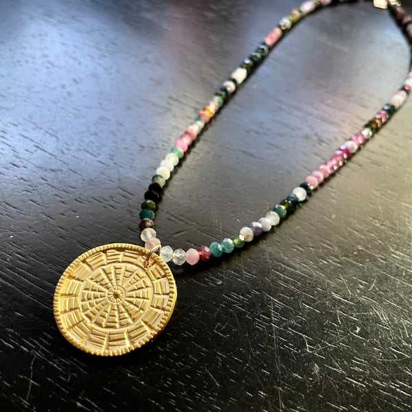 Carved Gold Medallion, 24K GOLD VERMEIL On Faceted Watermelon Tourmaline