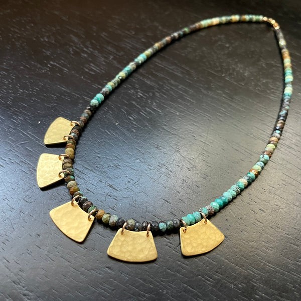 Goddess Necklace -5 TINY Gold Blades with "Dragon Skin" Turquoise, GOLD VERMEIL