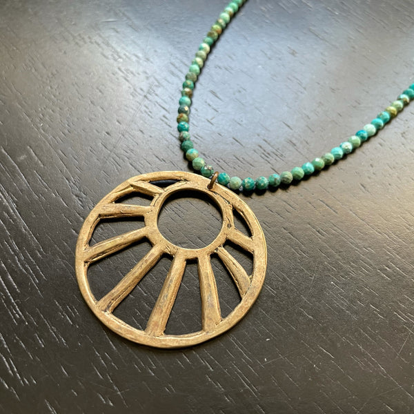 XL BRASS "OPEN" SUN PENDANT with Dragonskin Turquoise beads NECKLACE