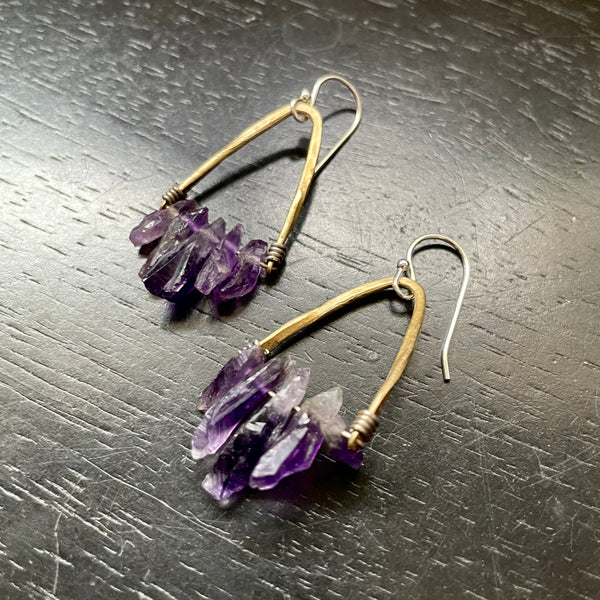 Amethyst Cluster Earrings with Angled Brass Bails