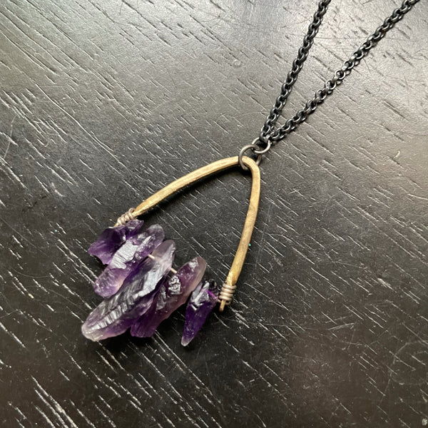 Small Amethyst Cluster Necklace with Angled Brass Bail