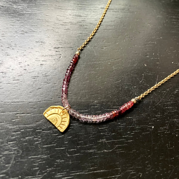 Tiny Gold Sun-Bow Medallion Necklace with Multi-Red Spinel