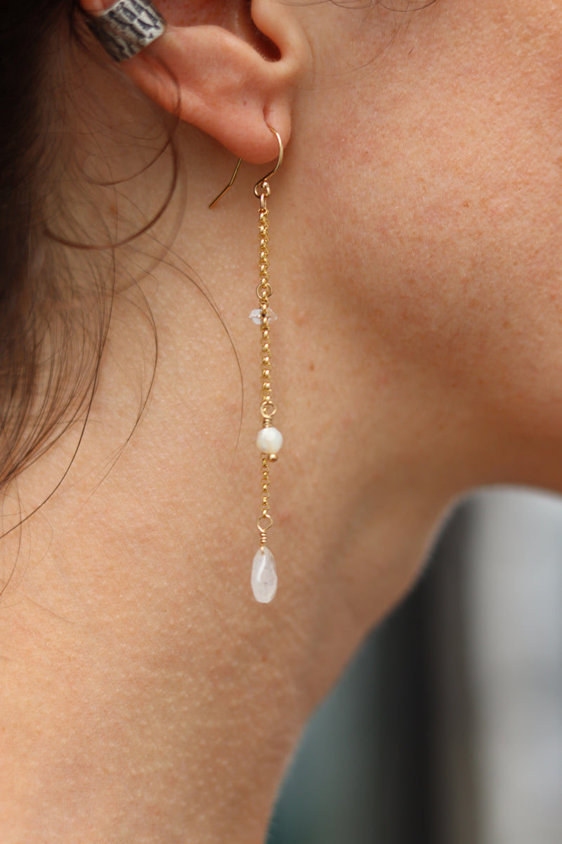 Dew Drop Earrings GOLD with Moonstone / Herkimer/ Mother of Pearl mix