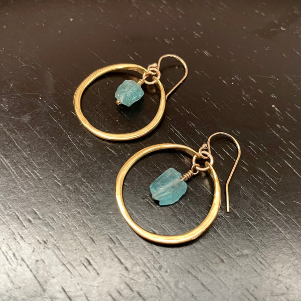 Raw Apatite Earrings in Tiny Gold Hoops 24K GOLD VERMEIL
