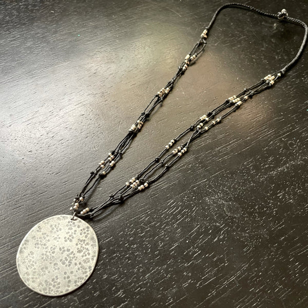 LIMITED EDITION! XL STERLING SILVER FULL MOON ON KNOTTED BLACK CORD/SILVER BEADS NECKLACE!