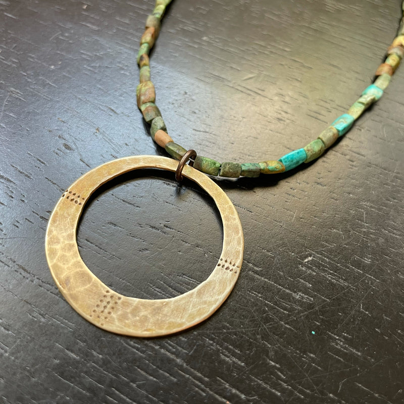 ORIJEN'S: Brass Divine Circle Medallion on Rustic Afghani Turquoise Heishi Beads Necklace