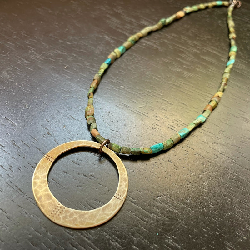 ORIJEN'S: Brass Divine Circle Medallion on Rustic Afghani Turquoise Heishi Beads Necklace