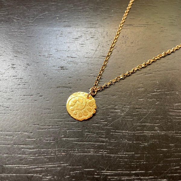 ORIJEN'S: GOLD TEXTURED Tiny Spiral Medallion on 14K GOLD Necklace, 24K GOLD VERMEIL