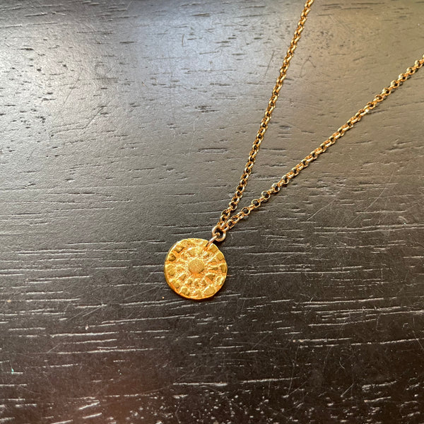 ORIJEN'S: GOLD TEXTURED Tiny Floral Medallion on 14K GOLD Necklace, GOLD VERMEIL