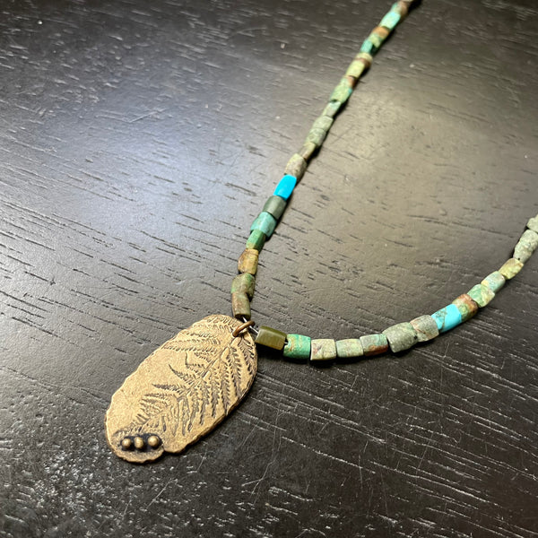 ORIJEN'S: BRASS FERN Fossil Leaf with 3 Dots Medallion on AFGHANI TURQUOISE Necklace