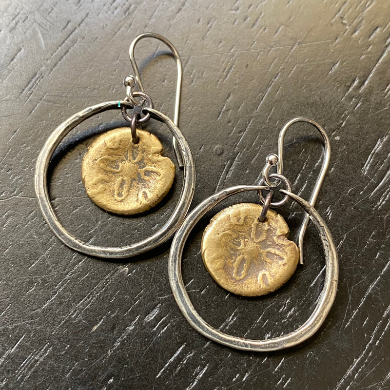 Orijen's Brass Sand Dollar Earrings in Tiny Silver Hoops