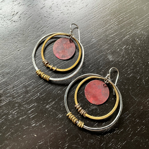 Leto Goddess Earrings: Medium Silver + Brass Double Hoops with Copper Discs
