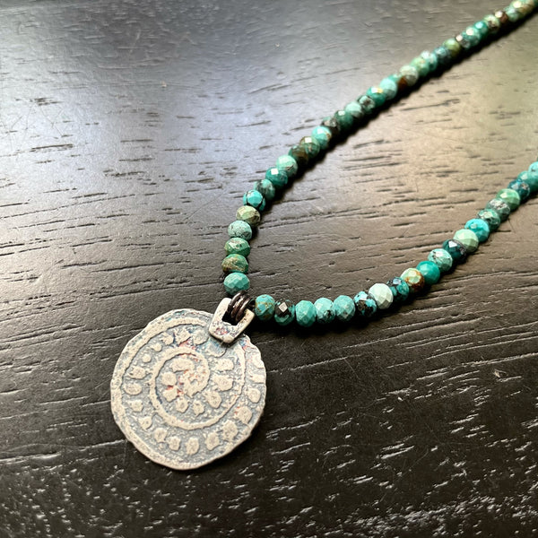 ORIJEN'S: SILVER SPIRAL + WEAVE REVERSIBLE CIRCLE Medallion on TURQUOISE Necklace