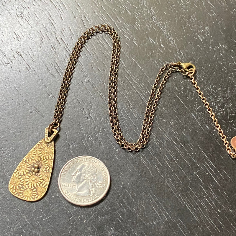ORIJEN'S: BRASS FLORAL 3-DOT CLUSTER /FLORAL REVERSIBLE TAPER Medallion on Brass Necklace