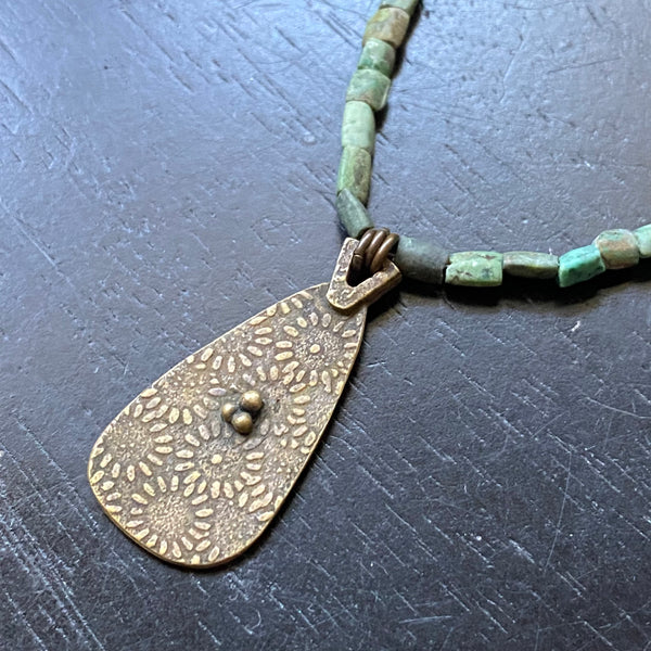 ORIJEN'S: BRASS FLORAL w/ 3 Dot CLUSTER REVERSIBLE TAPER Medallion on AFGHANI TURQUOISE Necklace