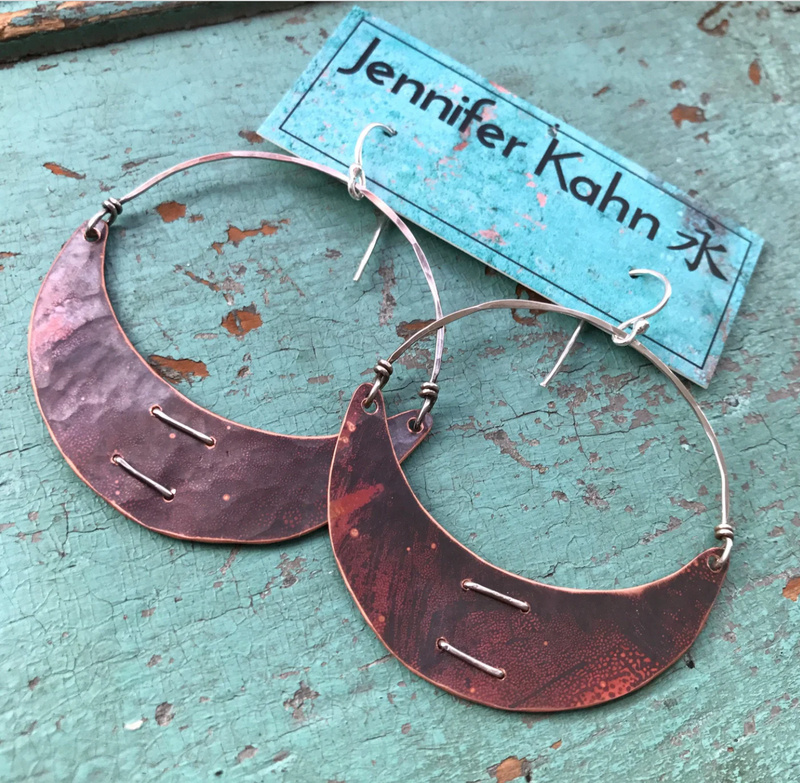 Stitched Copper Crescent Earrings