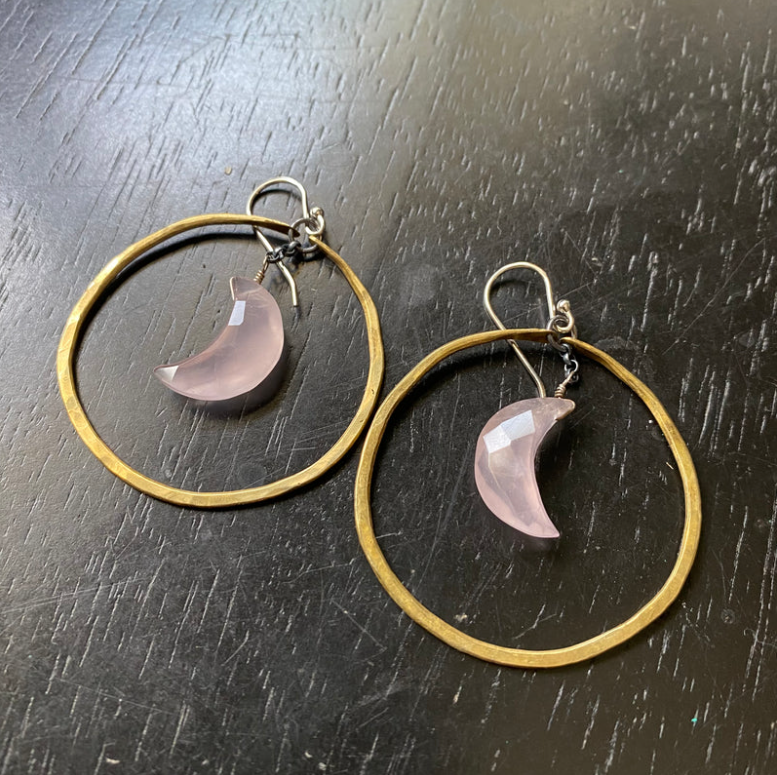 INCREDIBLE FACETED CRESCENT MOONS IN MEDIUM BRASS HOOPS - 8 CRYSTAL OPTIONS