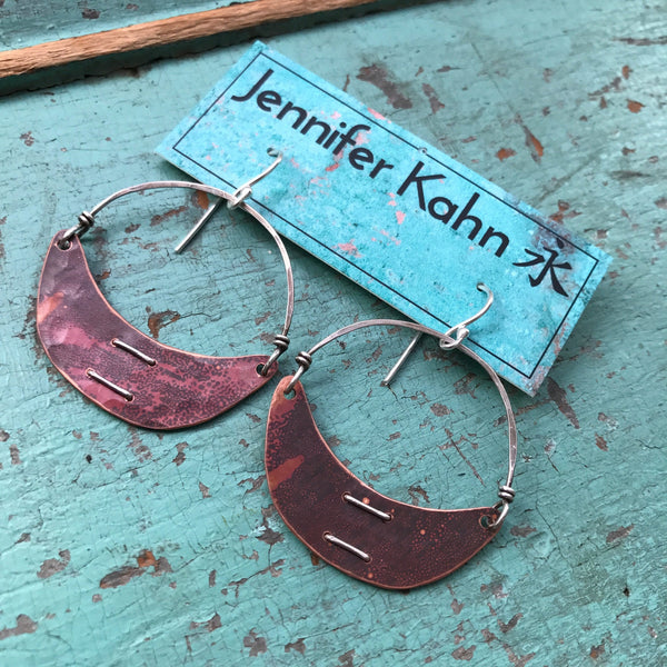 Stitched Copper Crescent Earrings