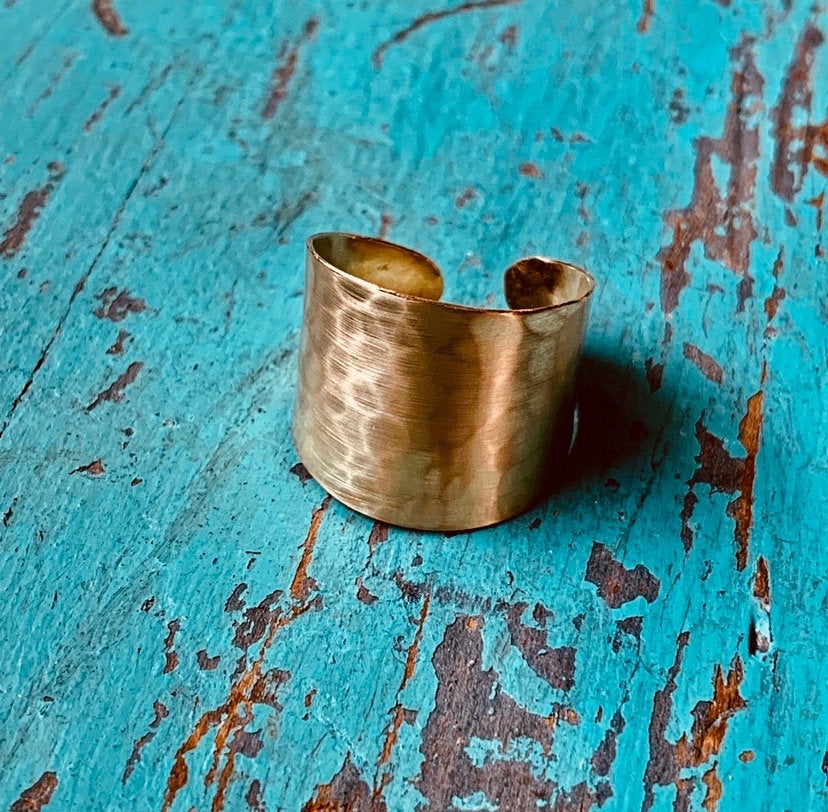 Wide hand hammered brass cuff