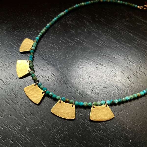 Goddess Necklace- 5 TINY Gold Blades with Faceted Turquoise, 24K GOLD VERMEIL