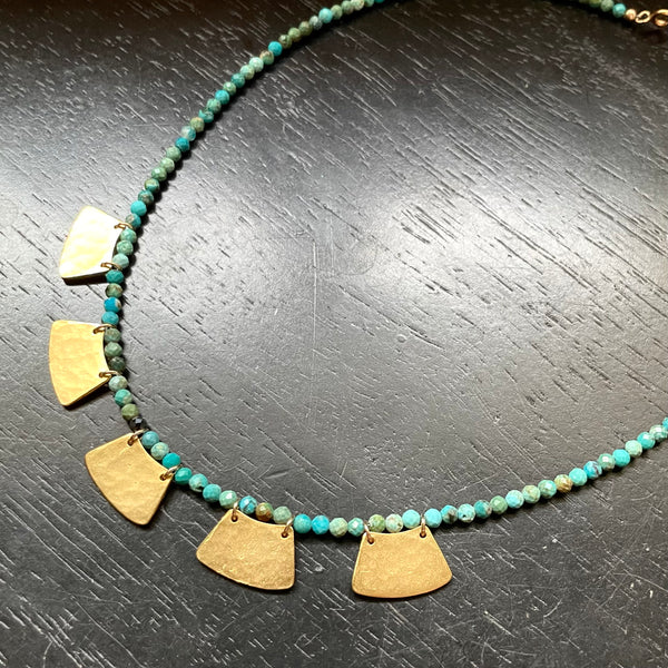 Goddess Necklace- 5 TINY Gold Blades with Faceted Turquoise, 24K GOLD VERMEIL