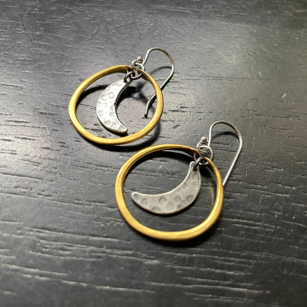 Tiny Moon Hoops: Gold hoops with Sterling Silver moons, GOLD VERMEIL