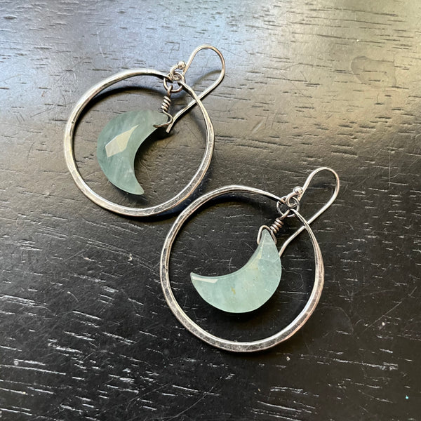ALLURING AQUAMARINE FACETED CRESCENT MOONS in SMALL SILVER Hoops!