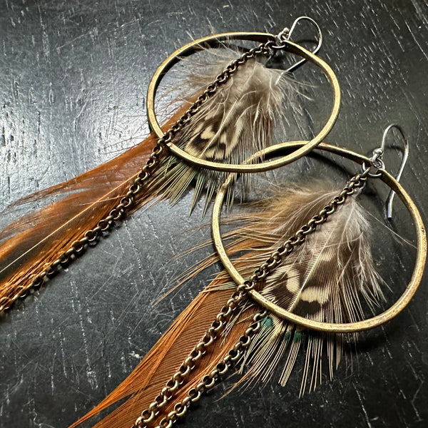 FEATHER EARRINGS- Medium Brass Hoops, Fluffy Tan Base, Fluffy Tan/Cream accent feathers and chains