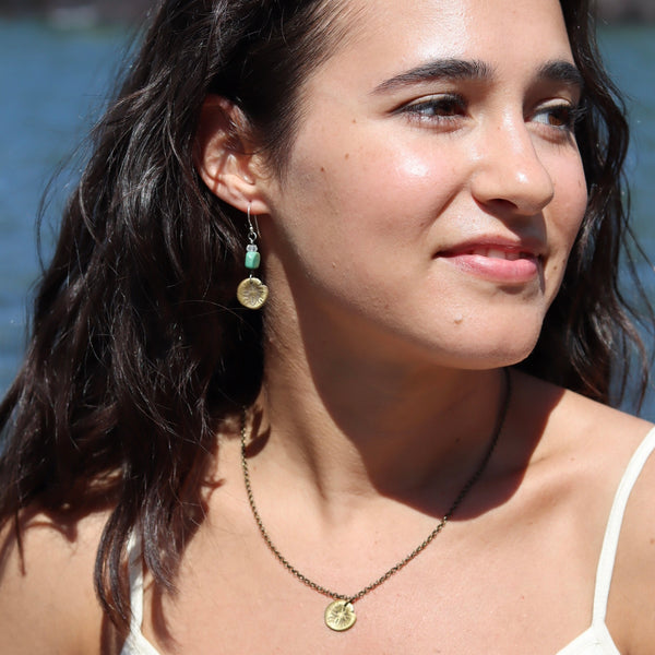 Brass Sand Dollar Earrings with Turquoise and Moonstone