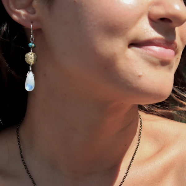 Ancient Sun Earrings with Turquoise and Teardrop Moonstone