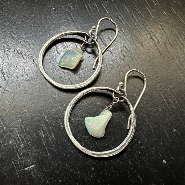 TINY SILVER HOOPS with OPALS (OCTOBER BIRTHSTONE)