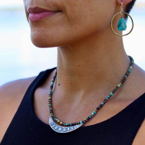 Silver Moon Phase Crescent Necklace with Dragon Skin Turquoise