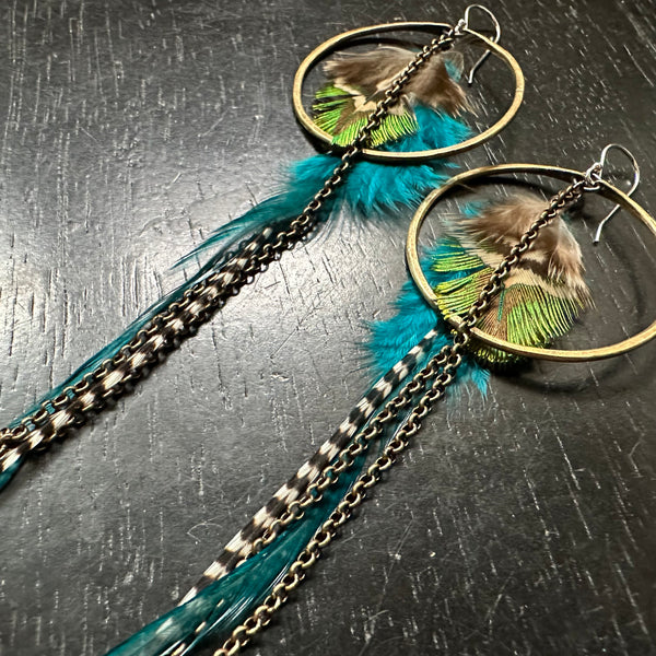 FEATHER EARRINGS- Medium Brass Hoops, Thin Teal Base, Striped/Iridescent accent feathers and chains