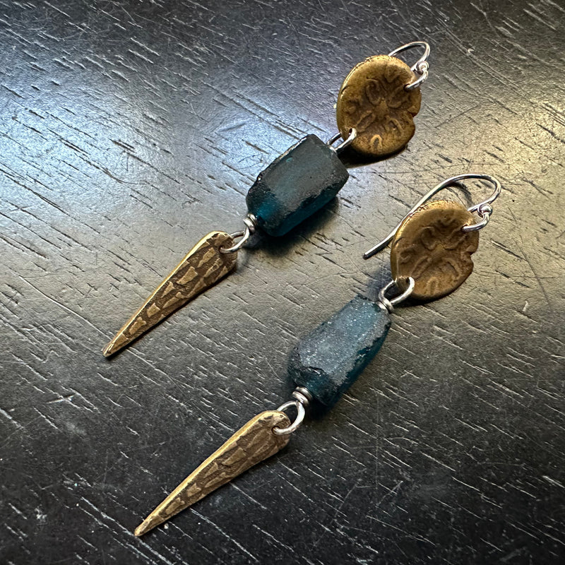 ONLY 1 Left! Roman Glass Sand Dollar Brass and Spear Earrings