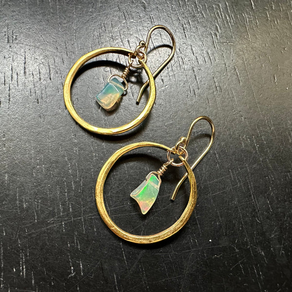 Tiny Gold Hoops with Raw Opals OOAK #2