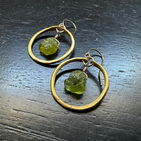 Tiny Gold Hoops with Raw Peridot
