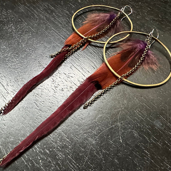 FEATHER EARRINGS- Large Brass Hoops, Magenta Base, Fluffy Purple/Rust/Black accent feathers and chains