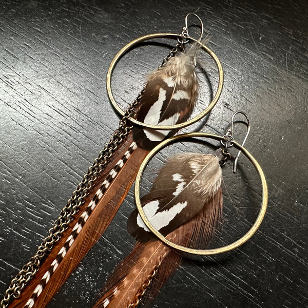 FEATHER EARRINGS- Medium Brass Hoops, Thin rust Base, Tan/Brown/White accent feathers and chains